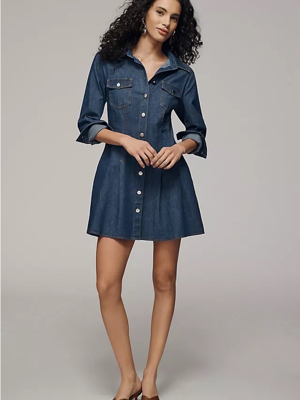Exquise Long-Sleeve Waisted Denim Shirt Dress medium